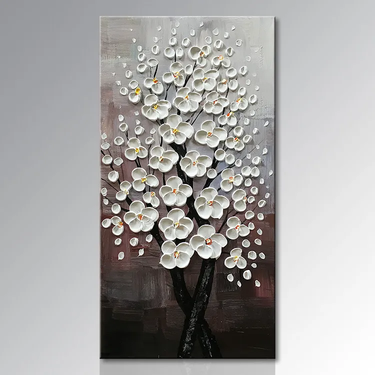 Pintura a óleo de flor com textura 3D feita à mão em tela de parede vertical